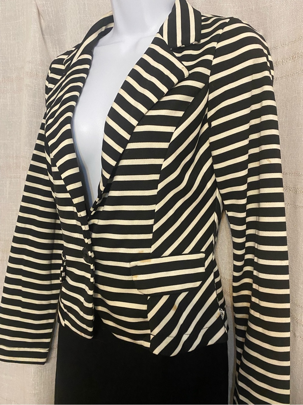 Vtg 2000s LA Kitty Striped Blazer Jacket Black Cream Single Button Indie Sleaze